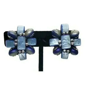 Vintage Earrings Blue Cats eye Moonglow Beaded Clip On Japan 1950s Cats Eye